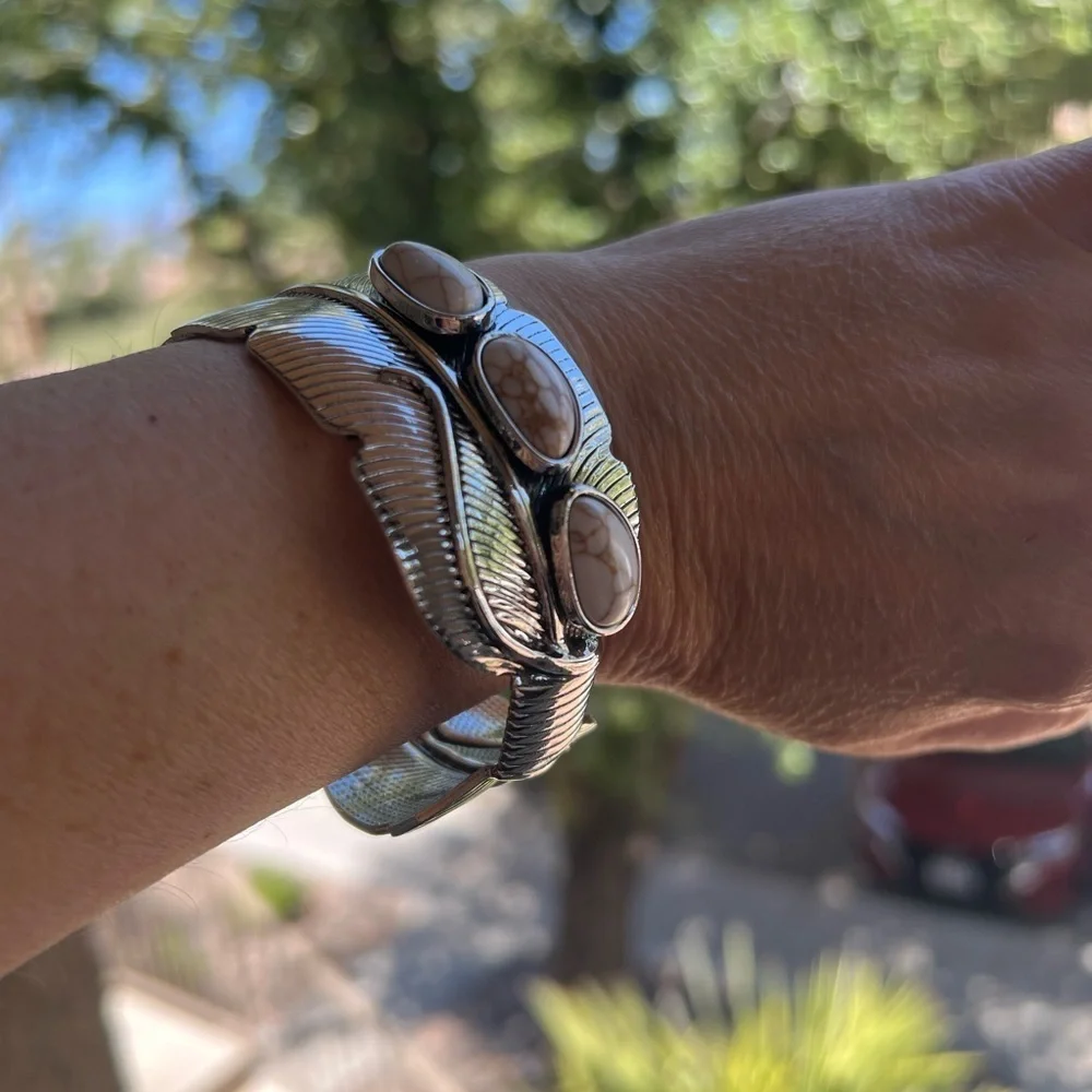 Cuff Bracelet silver tone and cream colored stones, fashion jewelry